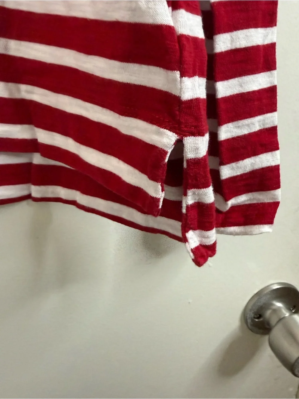 J Crew red and white striped long sleeve boat, neck 100% cotton pop over top XL